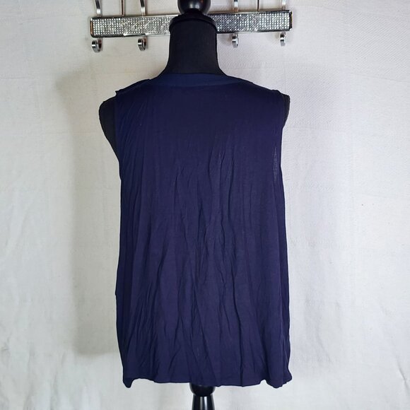 Loft Navy Sleeveless Duo Fabric Poly Front Rayon Back Faux Pearl Detail Top Sz M - Picture 10 of 16